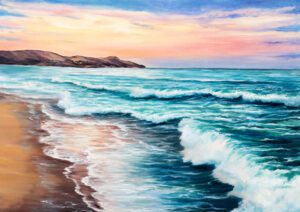 Painting of the beach an example of art that can be found at the Lahaina art galleries